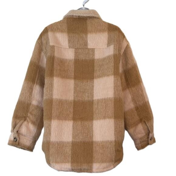 American Eagle Plaid Sherpa Lined Shacket Jacket Tan Beige Oversized Size S - Picture 4 of 6